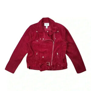 Forever 21 Corduroy Jacket Biker Belt /Zippers / Pockets Women's Small Maroon